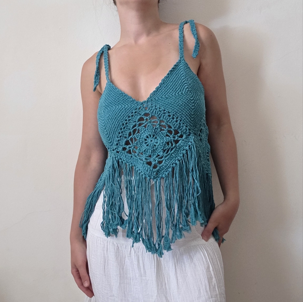 CUSTOM HANDMADE Teal Crochet Fringe Top